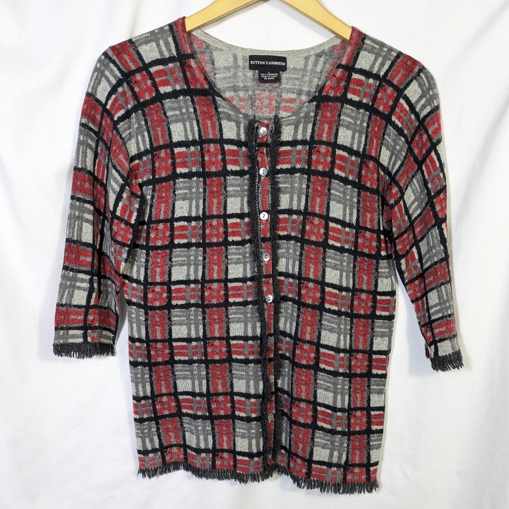 Sutton Cashmere Cardigan Sweater ‎ 3/4 Sleeves Soft Plaid Fringe Fitted Career M
